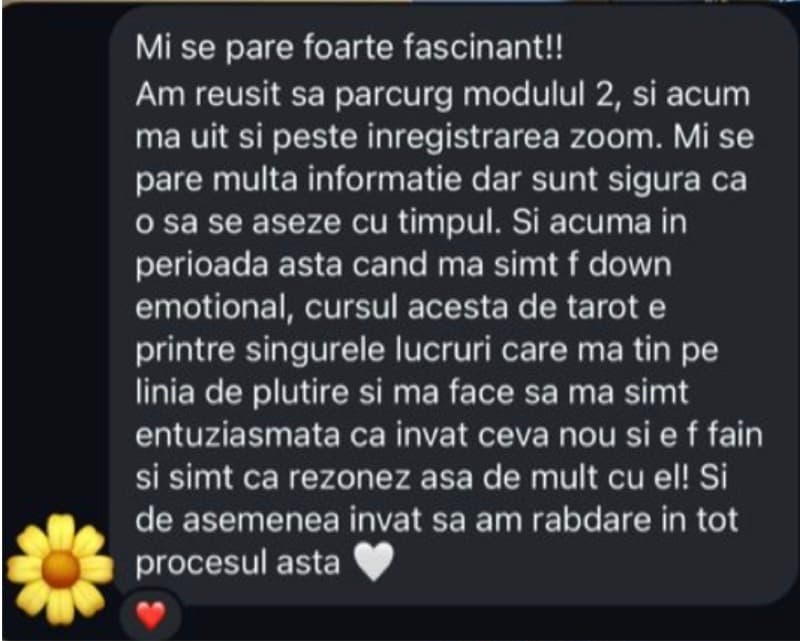 Mesaj primit pe Telegram de la o cursantă: „Mi se pare foarte fascinant! Cursul acesta de tarot e printre singurele lucruri care mă țin pe linia de plutire și mă face să mă simt entuziasmată că învăț ceva nou.”